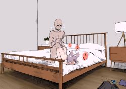 Rule 34 | 1boy, 1girl, absurdres, animal ears, bald, bed, blush, unworn clothes, commentary request, completely nude, doggystyle, drawer, faceless, faceless male, full body, ginger ale (syouga 6383), grey hair, hair between eyes, heart, hetero, highres, indoors, lamp, mouse ears, mouse girl, mouse tail, nazrin, nude, plant, potted plant, sex, sex from behind, short hair, tail, top-down bottom-up, touhou