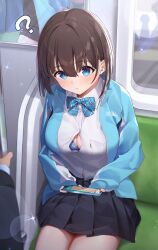 Rule 34 | 1boy, 1girl, ?, absurdres, black skirt, blue bow, blue bowtie, blue bra, blue eyes, blue jacket, blunt bangs, bow, bowtie, bra, breasts, brown hair, button gap, cellphone, cleavage, closed mouth, cowboy shot, earphones, hair between eyes, highres, holding, holding phone, jacket, large breasts, long sleeves, looking at viewer, medium hair, open clothes, open jacket, original, partially unbuttoned, phone, pleated skirt, pov, school uniform, shirt, sitting, skirt, sleeves past wrists, smartphone, solo focus, striped bow, striped bowtie, striped clothes, sweatdrop, track jacket, train interior, underwear, vegetablenabe, white shirt, wireless earphones