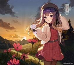 Rule 34 | 1girl, alternate costume, bag, blush, brown pantyhose, character name, commentary request, dress, flower, gradient hair, holding, jacket, kantai collection, long hair, long sleeves, mole, mole under eye, multicolored hair, open clothes, open jacket, pantyhose, parted lips, purple eyes, purple hair, red dress, red flower, scenery, shoulder bag, solo, sun, tsushima (kancolle), twitter username, unidentified nk, white jacket