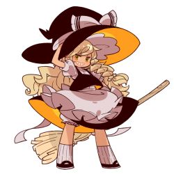 Rule 34 | 1girl, apron, black footwear, black hat, black skirt, black vest, blonde hair, bloomers, bow, braid, broom, commentary request, full body, grin, hand on headwear, hand up, hat, hat bow, holding, holding broom, kirisame marisa, long hair, looking at viewer, mota, shirt, short sleeves, simple background, single braid, skirt, smile, socks, solo, striped clothes, striped socks, touhou, two-sided fabric, two-sided headwear, two-sided skirt, two-tone skirt, two-tone vest, underwear, vest, waist apron, white background, white bow, white shirt, white socks, witch hat, yellow eyes