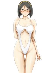 Rule 34 | 10s, 1girl, alternate costume, arm behind back, bad id, bad pixiv id, black hair, blush, breasts, casual one-piece swimsuit, center opening, cleavage, clothing cutout, collarbone, cowboy shot, dosaken, glasses, green-framed eyewear, grey eyes, groin, hairband, hand on own arm, kantai collection, kirishima (kancolle), large breasts, light smile, looking at viewer, medium breasts, navel, one-piece swimsuit, parted bangs, semi-rimless eyewear, short hair, solo, standing, swimsuit, thigh gap, thighs, under-rim eyewear, underboob, underboob cutout, white one-piece swimsuit, yellow hairband