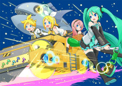 Rule 34 | blue eyes, boots, detached sleeves, hair ornament, hairclip, hatsune miku, headphones, kagamine len, kagamine rin, long hair, looking back, magyo, megurine luka, musical note, necktie, pink hair, pleated skirt, short hair, siblings, skirt, spring onion, steamroller, thigh boots, thighhighs, twins, twintails, vocaloid