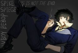 Rule 34 | 1boy, absurdres, ankle boots, black eyes, black footwear, black hair, black necktie, blue jacket, blue pants, boots, character name, cigarette, closed mouth, copyright name, cowboy bebop, english text, expressionless, grey background, hand in pocket, highres, holding, holding cigarette, jacket, loose necktie, lying, male focus, necktie, on back, p (pm 611a), pants, profile, shirt, short hair, sleeves rolled up, smoke, solo, spike spiegel, yellow shirt