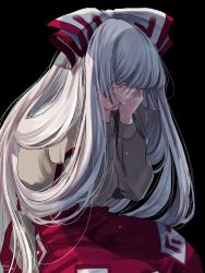 Rule 34 | 1girl, artist name, baggy pants, black background, bow, collared shirt, commentary request, covering face, crying, fujiwara no mokou, grey bow, grey hair, grey shirt, hair bow, hands on own face, hands up, highres, juliet sleeves, long hair, long sleeves, mokoiscat, multicolored bow, ofuda, ofuda on clothes, pants, puffy long sleeves, puffy sleeves, red bow, red pants, seiza, shirt, simple background, sitting, solo, tears, touhou
