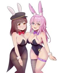 Rule 34 | 2girls, :o, animal ear fluff, animal ears, asymmetrical docking, backless leotard, backless outfit, bare shoulders, black leotard, blue eyes, borrowed character, bow, bowtie, breast press, breasts, brown eyes, brown hair, character request, cleavage, commission, copyright request, covered navel, detached collar, earrings, fake animal ears, feet out of frame, fishnet legwear, fishnets, hair between eyes, hat, heart, heart-shaped pupils, heterochromia, highleg, highleg leotard, highres, jewelry, knees, large breasts, leotard, long hair, looking at viewer, multiple girls, nekonyan (nekoworld), open mouth, pantyhose, pink hair, playboy bunny, purple neckwear, rabbit ears, red neckwear, simple background, single thighhigh, skindentation, symbol-shaped pupils, symmetrical docking, thighband pantyhose, thighhighs, white background, wide hips, wrist cuffs, yellow eyes