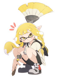 Rule 34 | 1girl, blonde hair, braid, closed mouth, commentary, eitopondo, full body, highres, holding, holding weapon, ink tank (splatoon), inkling, inkling girl, inkling player character, long hair, looking at viewer, nintendo, painbrush (splatoon), pointy ears, shirt, simple background, solo, splatoon (series), splatoon 3, squatting, symbol-only commentary, weapon, white background, white shirt, yellow eyes