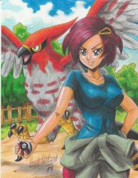 Rule 34 | 1girl, 2019, absurdres, artist name, beak, bird, black eyes, blue eyes, blue shirt, breasts, brown hair, clothes around waist, collarbone, covered navel, creatures (company), feathered wings, game freak, gen 6 pokemon, grace (pokemon), hair ornament, hairclip, highres, holding, holding poke ball, large breasts, mature female, neck, nintendo, pants, poke ball, pokemon, pokemon (creature), pokemon xy, ravernclouk design, red pants, shirt, short hair, short sleeves, smile, sweater, sweater around waist, talonflame, talons, traditional media, v-shaped eyebrows, wings