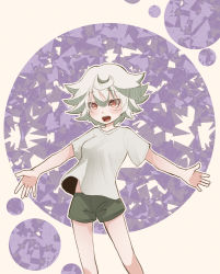 Rule 34 | 1girl, :d, absurdres, blush, green shorts, hair between eyes, highres, looking at viewer, made in abyss, open mouth, outstretched arms, prushka, red eyes, shirt, short hair, short shorts, shorts, silver hair, smile, solo, spread arms, standing, t-shirt, usuki (usukine1go), white shirt
