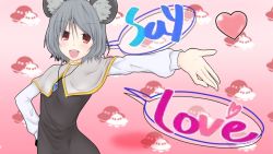 Rule 34 | 1girl, animal ears, dancing, ebi senbei, female focus, flying saucer, gradient background, hand on own hip, heart, hip focus, jewelry, lyrics, maru-toku series, mouse ears, nazrin, open mouth, outstretched arm, pendant, red eyes, short hair, silver hair, solo, spacecraft, teeth, touhou, ufo