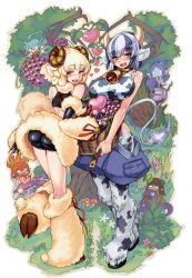 Rule 34 | 6+girls, animal ears, ass, aura, bare shoulders, basket, bell, bike shorts, blonde hair, blue hair, blush, book cover (medium), breasts, brown eyes, carrying, collar, colored skin, cow ears, demon realm (monster girl encyclopedia), detached sleeves, earth elemental, elemental (creature), emerald demon realm (monster girl encyclopedia), energy, fire, fire elemental, flaming hair, food, fruit, gnome (monster girl encyclopedia), highres, holstaur (monster girl encyclopedia), hooves, horns, ignis (monster girl encyclopedia), kenkou cross, large breasts, looking at viewer, mini person, minigirl, monster girl, monster girl encyclopedia, monster girl encyclopedia world guide ii: demon realm traveller&#039;s guide, multiple girls, official art, particles, pink skin, pointy ears, sheep ears, short hair, shorts, smile, spirit, sylph (monster girl encyclopedia), tail, undine (monster girl encyclopedia), water elemental, watery hair, weresheep, wind elemental