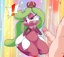Rule 34 | !, 1boy, 1girl, artist name, blonde hair, boots, breasts, breasts squeezed together, colored skin, completely nude, covered mouth, creatures (company), cum, cum on body, cum on breasts, cum on upper body, cum string, erection, facial, game freak, gen 7 pokemon, green hair, hair ornament, hands up, hexanne, highres, interspecies, knee boots, kneeling, long hair, looking down, monster girl, multicolored hair, nintendo, nipples, nude, penis, plant girl, pokemon, pokemon (creature), pokephilia, purple eyes, purple footwear, purple skin, pussy, rainbow background, seiza, signature, sitting, small breasts, solo focus, speech bubble, spoken exclamation mark, swept bangs, testicles, tsareena, two-tone hair, uncensored, veins, veiny penis, very long hair, white skin, wide hips