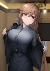 Rule 34 | 1girl, :o, ahoge, black bra, black jacket, black skirt, bra, bra peek, breasts, brown eyes, brown hair, ceiling light, collared shirt, dress shirt, grey shirt, hair between eyes, head tilt, indoors, jacket, large breasts, long hair, looking at viewer, off shoulder, open clothes, open jacket, original, parted lips, partially unbuttoned, pencil skirt, popped button, shirt, shirt tucked in, skirt, solo, standing, straight hair, underwear, undressing, very long hair, wing collar, xiujia yihuizi