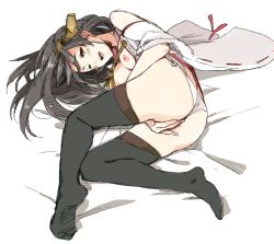 Rule 34 | 10s, 1girl, ass, bad id, bad pixiv id, bed, black hair, black thighhighs, breasts, brown eyes, covering privates, covering crotch, hair ornament, haruna (kancolle), kantai collection, lying, nipples, no shoes, one eye closed, open mouth, panties, ribbon-trimmed sleeves, ribbon trim, shizumi satou, solo, thighhighs, thighs, underwear, wink