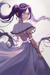 Rule 34 | 1girl, absurdres, angelicelfy, bangle, bracelet, choker, dress, expressionless, fate/grand order, fate/hollow ataraxia, fate (series), frills, hairband, headdress, highres, jewelry, lolita hairband, long hair, looking at viewer, looking back, open mouth, purple eyes, purple hair, simple background, stheno (fate), stheno (third ascension) (fate), twintails, very long hair, white background, white dress