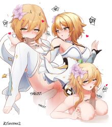 Rule 34 | 1girl, absurdres, blonde hair, blush, breasts, commentary, detached sleeves, dress, english commentary, fellatio, genshin impact, gloves, heart, hetero, highres, large breasts, leg up, lumine (genshin impact), multiple views, nipples, oral, paizuri, partially fingerless gloves, sex, sex from behind, sidelocks, soveno, standing, standing sex, stirrup legwear, thighhighs, toeless legwear, white dress, white thighhighs, yellow eyes