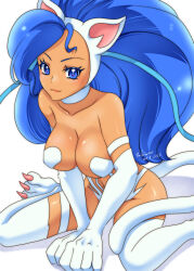 Rule 34 | 1girl, absurdres, animal ears, animal hands, artist name, bare shoulders, blue eyes, blue hair, breasts, cat ears, cat paws, cat tail, choker, cleavage, closed mouth, dated, felicia (vampire), foot out of frame, highres, kneeling, large breasts, light blush, navel, shikiwo, smile, solo, tail, thighhighs, thighs, vampire (game), white background, white choker, white thighhighs