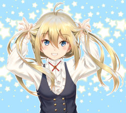 Rule 34 | 1girl, antenna hair, arms up, blonde hair, blue background, blue eyes, bunching hair, buttons, clenched teeth, double-breasted, grin, hair between eyes, highres, long hair, long sleeves, looking at viewer, original, pinakes, shirt, smile, solo, star (symbol), starry background, teeth, twintails, twintails day, upper body, vest, white shirt