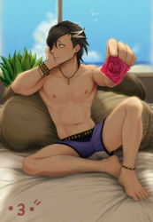 Rule 34 | 1boy, abs, ankleband, backlighting, barefoot, bed sheet, black hair, blush, boxers, bracelet, collarbone, condom, condom wrapper, day, fate/grand order, fate (series), feet, hand on own cheek, hand on own face, hands up, highres, holding, holding condom, indoors, jewelry, looking away, male focus, male underwear, mandricardo (fate), multicolored hair, navel, necklace, nipples, padadada, parted bangs, pectorals, pillow, pouty lips, purple male underwear, short hair, signature, sitting, solo, spread legs, sunlight, toned, toned male, underwear, underwear only, window, wristband