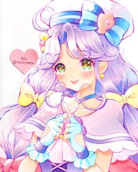 Rule 34 | 1girl, :p, ahoge, blush, bow, bow earrings, capelet, choker, clothing cutout, colored eyelashes, cure coral, earrings, eyelash ornament, facial mark, fingerless gloves, gloves, hair bow, hat, hat bow, heart, heart cutout, heart facial mark, heart in eye, highres, jewelry, lilylily0601, magical girl, mismatched eyelashes, multi-tied hair, multiple hair bows, precure, purple capelet, purple choker, sailor hat, solo, suzumura sango, symbol in eye, tongue, tongue out, tropical-rouge! precure, white gloves, x fingers, yellow bow, yellow eyes