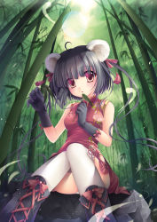 Rule 34 | 1girl, absurdres, ahoge, animal ears, bad id, bad pixiv id, bamboo, bamboo forest, bear ears, black gloves, black hair, boots, bow, china dress, chinese clothes, cross-laced footwear, dress, forest, gloves, hair ribbon, highres, lace-up boots, leaf, lens flare, nature, original, red eyes, ribbon, rock, sitting, sitting on object, sitting on rock, solo, sousouman, thighhighs, white thighhighs