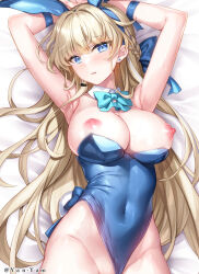 Rule 34 | 1girl, animal ears, aqua bow, aqua bowtie, armpits, arms up, bed sheet, blonde hair, blue archive, blue eyes, blue hairband, blue leotard, blush, bow, bowtie, breasts, dakimakura (medium), detached collar, earrings, fake animal ears, hairband, highleg, highleg leotard, jewelry, large breasts, leotard, long hair, looking at viewer, lying, nipples, on back, open mouth, playboy bunny, presenting armpit, rabbit ears, rabbit tail, solo, strapless, strapless leotard, stud earrings, tail, toki (blue archive), toki (bunny) (blue archive), yan-yam