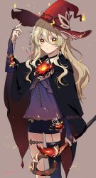 Rule 34 | 1boy, aether (genshin impact), black shorts, black thighhighs, blonde hair, blush, bottle, bridal garter, bridal gauntlets, chain, cloak, closed mouth, commentary request, earrings, feather earrings, feathers, fire, fire, flower, genshin impact, grey background, hat, highres, holding, holding chain, holding staff, hourglass, jewelry, looking at viewer, male focus, miryoryo9, red flower, shorts, single earring, single thighhigh, solo, staff, symbol-only commentary, thighhighs, trap, twitter username, witch hat, yellow eyes