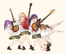 Rule 34 | &gt;:d, 4girls, :d, bass guitar, black hair, black legwear, blonde hair, blue eyes, blush, bow, brown eyes, brown hair, character request, collared shirt, drumsticks, electric guitar, fender jazz bass, fender telecaster, full body, fuzuki fuuro, green eyes, green ribbon, green skirt, grin, guitar, hair bow, hair ribbon, holding, holding instrument, instrument, knees together feet apart, loafers, long sleeves, looking at viewer, multiple girls, olive! believe &quot;olive&quot;?, on one knee, open mouth, outstretched arm, parted lips, plaid, plaid skirt, polka dot, polka dot bow, purple eyes, purple hair, red bow, ribbon, school uniform, shirt, shoes, side ponytail, simple background, skirt, smile, socks, standing, sweater, twintails, v-shaped eyebrows, white background, white shirt, wing collar