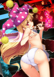 Rule 34 | 1girl, ass, back, blonde hair, breasts, chima q, clownpiece, fairy wings, hat, jester cap, long hair, nipples, panties, pink eyes, small breasts, smile, solo, tongue, tongue out, topless, touhou, underwear, underwear only, very long hair, white panties, wings