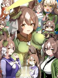 Rule 34 | 0 0, 1girl, animal ears, ascot, bag, between breasts, black ascot, blush, bow, breasts, briefcase, brown hair, chibi, closed eyes, closed mouth, dress, ear covers, ear ornament, green dress, green jacket, hair between eyes, horse ears, horse girl, jacket, large breasts, long hair, looking at viewer, medium breasts, multicolored hair, multiple views, official alternate costume, open clothes, open jacket, open mouth, parted lips, purple serafuku, purple shirt, purple skirt, satono diamond (floral star prosperous green) (umamusume), satono diamond (umamusume), school uniform, serafuku, shirt, shoulder bag, skirt, sleeves past fingers, sleeves past wrists, smile, strap between breasts, streaked hair, takuan (taku1219oekaki), teeth, tracen school uniform, umamusume, upper teeth only, very long hair, very long sleeves, white bow, winter uniform