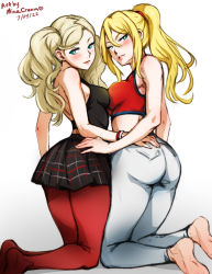 Rule 34 | 2022, 2girls, artist name, ass, blonde hair, blue eyes, blush, breasts, crossover, dated, denim, female focus, jeans, kneeling, large breasts, long hair, looking at viewer, medium breasts, metroid, metroid dread, mina cream, mole, mole under mouth, multiple girls, nintendo, no shoes, pants, pantyhose, persona, persona 5, plaid, plaid skirt, ponytail, red pantyhose, samus aran, school uniform, shuuchiin academy school uniform, simple background, skirt, smile, takamaki anne, trait connection, twintails, yuri