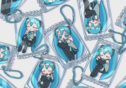 Rule 34 | 1nupool, 6+girls, :o, bag, black footwear, black skirt, black sleeves, blue eyes, blue hair, blue necktie, blush, boots, charm (object), chibi, clone, closed eyes, closed mouth, collared shirt, detached sleeves, fetal position, grey shirt, hair ornament, hatsune miku, highres, in bag, in container, knees up, long hair, looking at viewer, multiple girls, necktie, no pupils, open mouth, shadow, shirt, simple background, skirt, sleeveless, sleeveless shirt, smile, thigh boots, twintails, very long hair, vocaloid, white background
