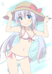 Rule 34 | 1girl, adjusting clothes, adjusting headwear, alternate costume, aosora neko, artist name, bad id, bad pixiv id, bikini, blue eyes, blue hair, breasts, brown hat, cleavage, closed mouth, collarbone, commentary request, cowboy shot, dated, front-tie bikini top, front-tie top, gochuumon wa usagi desu ka?, groin, hair between eyes, hat, hat ribbon, kafuu chino, light blue hair, looking at viewer, navel, open mouth, red ribbon, ribbon, side-tie bikini bottom, sidelocks, signature, sketch, small breasts, solo, standing, stomach, sun hat, swimsuit, twintails, two-tone background, wavy mouth, white bikini