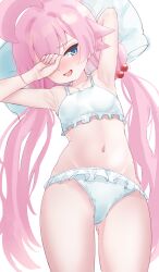 1girl absurdres ahoge armpit_crease armpits bikini blue_archive blue_eyes blush eyewear_on_head fang frilled_bikini frills hair_bobbles hair_ornament halo hand_over_eye head_on_pillow heterochromia highres hoshino_(blue_archive) hoshino_(swimsuit)_(blue_archive) kyureizi long_hair looking_at_viewer low_twintails lying navel official_alternate_costume on_back open_mouth pink_hair pink_halo simple_background solo swimsuit twintails white_background white_bikini