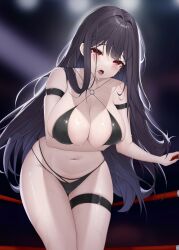 Rule 34 | 1girl, absurdres, arm strap, arm under breasts, bare shoulders, bikini, black bikini, black hair, blush, breasts, character request, cleavage, collarbone, commission, copyright request, crying, crying with eyes open, highres, jupo, large breasts, long hair, looking at viewer, navel, o-ring, o-ring bikini, open mouth, red eyes, skindentation, solo, standing, stomach, string bikini, swimsuit, tears, thigh strap