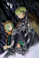 Rule 34 | 1boy, 1girl, absurdres, achilles (fate), animal ears, armor, atalanta (fate), boots, braid, brown hair, cat ears, fate/apocrypha, fate (series), forest, green eyes, green hair, highres, long hair, moon, multicolored hair, nature, open mouth, pants, polearm, scarf, short hair, sitting, skirt, smile, snow, spear, thighhighs, weapon, winter, yellow eyes