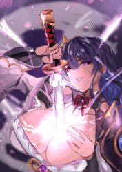 Rule 34 | 1girl, absurdres, armor, breasts, bridal gauntlets, cleavage, commentary request, electricity, genshin impact, hair ornament, highres, holding, holding sword, holding weapon, human scabbard, japanese clothes, kimono, large breasts, long hair, long sleeves, looking at viewer, mitsudomoe (shape), open mouth, purple eyes, purple hair, raiden shogun, ribbon, shoulder armor, solo, sword, tomoe (symbol), weapon, wide sleeves, yujieai