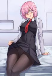 Rule 34 | 1girl, arm support, black dress, black pantyhose, blush, breasts, clothes lift, dress, dress lift, eyes visible through hair, fate/grand order, fate (series), glasses, hair over one eye, large breasts, lifted by self, long sleeves, looking at viewer, mash kyrielight, necktie, open mouth, panties, panties under pantyhose, pantyhose, pink hair, purple eyes, red necktie, sarhce, short hair, sitting, smile, solo, teeth, underwear, upper teeth only