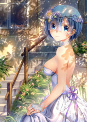 Rule 34 | 10s, 1girl, artist name, backless dress, backless outfit, bare back, bare shoulders, blue eyes, blue hair, blunt bangs, breasts, choker, closed mouth, commentary request, dappled sunlight, day, dress, eyes visible through hair, flower, hair flower, hair ornament, haneru, head wreath, highres, looking at viewer, medium breasts, outdoors, re:zero kara hajimeru isekai seikatsu, rem (re:zero), shade, short hair, skirt hold, smile, solo, stairs, standing, sunlight, white dress, window