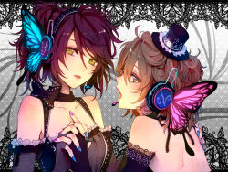Rule 34 | 2girls, back, bare back, bare shoulders, blue nails, brown hair, butterfly hair ornament, dress, elbow gloves, gloves, hair ornament, hat, headset, holding hands, interlocked fingers, magnet (vocaloid), multiple girls, nail art, nail polish, niconico, pink nails, purple hair, ria (rilpoppo), short hair, vocaloid, yellow eyes, yuri