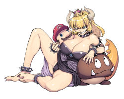 Rule 34 | 1girl, armlet, bare shoulders, barefoot, blonde hair, blue eyes, bowsette, bracelet, breasts, cleavage, clenched teeth, collar, commentary request, crown, hamada yoshikazu, highres, horns, jewelry, large breasts, legs, looking at viewer, mario, mario (series), middle finger, new super mario bros. u deluxe, nintendo, ponytail, sharp teeth, short hair, simple background, smile, spiked anklet, spiked armlet, spiked bracelet, spiked collar, spikes, super crown, tail, teeth, white background