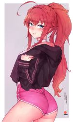 Rule 34 | 1girl, absurdres, ahoge, alternate hairstyle, ass, back, blue eyes, bluefield, blush, breasts, choker, female focus, grin, hair between eyes, high school dxd, highres, hood, hooded jacket, jacket, long hair, looking at viewer, parted lips, patreon username, pink shorts, ponytail, red hair, rias gremory, shorts, sleeves past wrists, smile, solo, sweat, twitter username, very long hair, watermark, web address
