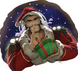Rule 34 | 1boy, bara, black hair, christmas, daikoku (housamo), gift, halo, halo behind head, highres, male focus, mature male, muscular, muscular male, red eyes, riner (rinerr r), smile, solo, tokyo houkago summoners, white hair