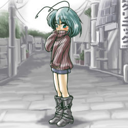 Rule 34 | 1girl, alley, alternate costume, antennae, boots, casual, contemporary, female focus, full body, green hair, miniskirt, nature, outdoors, pantyhose, plant, skirt, sky, solo, sweater, touhou, winn, wriggle nightbug