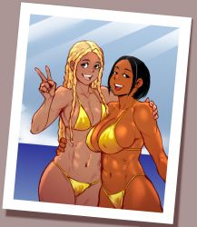 Rule 34 | 2girls, abs, absurdres, akila (ratedlforlewd), arm around waist, arung samudra (cessa), bikini, black eyes, black hair, borrowed character, breasts, cleavage, covered erect nipples, cowboy shot, dark-skinned female, dark skin, dreadlocks, half-closed eyes, highres, izra, large breasts, looking at viewer, medium breasts, multiple girls, navel, ombok diving and delivery services, open mouth, original, second-party source, short hair, smile, swimsuit, v, yellow bikini