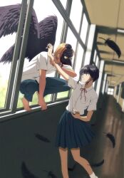 Rule 34 | 1boy, 1girl, absurdres, arm grab, barefoot, black hair, black wings, blonde hair, commentary, edaori, feathered wings, feathers, hallway, highres, looking at another, mask, original, school, school uniform, short hair, skirt, tengu mask, window, wings