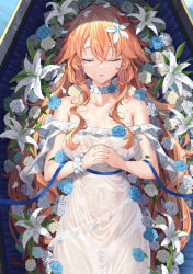 Rule 34 | 1girl, bare shoulders, blue ribbon, breasts, choker, closed eyes, coffin, cover image, crossed bangs, dress, flower, hair flower, hair ornament, lily (flower), long hair, lying, matanonki, medium breasts, nijisanji, off-shoulder dress, off shoulder, orange hair, otogibara era, own hands clasped, own hands together, ribbon, solo, virtual youtuber, wet, wet clothes, wet dress