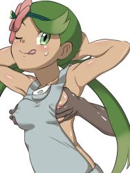 Rule 34 | 10s, 1girl, apron, armpits, arms behind head, artist request, blush, breasts, creatures (company), dark skin, game freak, grabbing, grabbing another&#039;s breast, green eyes, green hair, long hair, mallow (pokemon), naked overalls, nintendo, nipples, one eye closed, overalls, pokemon, pokemon sm, sweat, tongue, trial captain, upper body, wink