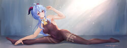 Rule 34 | 1girl, ahoge, bare arms, bare shoulders, bell, blue hair, blush, bodysuit, breasts, commentary request, covered navel, full body, ganyu (genshin impact), genshin impact, goat horns, highres, horns, large breasts, long hair, looking at viewer, mitsukayurie, parted lips, red eyes, sleeveless, solo, split, thighs