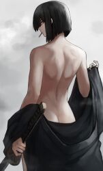 Rule 34 | 1girl, absurdres, ass, back, back focus, badnick69 (camchi), black hair, black robe, bob cut, butt crack, cigarette, commentary request, from behind, grey background, highres, holding, holding sword, holding weapon, katana, korean commentary, limbus company, looking at viewer, looking back, median furrow, nude, project moon, red eyes, robe, ryoshu (project moon), short hair, sidelocks, smoke, smoking, solo, standing, steam, sword, undressing, weapon