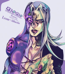 Rule 34 | 1boy, black jacket, character name, copyright name, dotpaper, grey eyes, grey hair, highres, jacket, jojo no kimyou na bouken, leone abbacchio, lipstick, long hair, makeup, male focus, moody blues (stand), pectoral cleavage, pectorals, purple lips, solo, stand (jojo), upper body, vento aureo